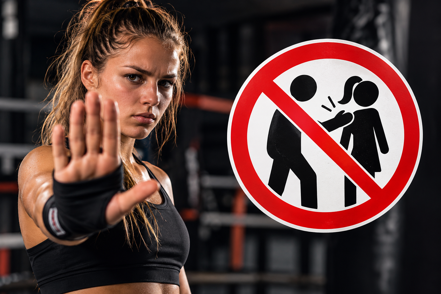 Vechtsporter maakt een stopgebaar tegen seksuele intimidatie